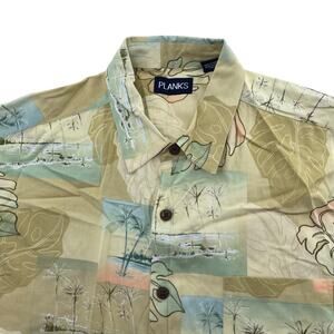 Vtg Planks‎ Shirt Mens XL Cotton Rayon Palm Tree Patchwork Hawaiian Print Aloha